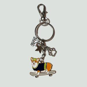 Adorable Skateboarding Corgi Enamel Keychain with Charms NWT